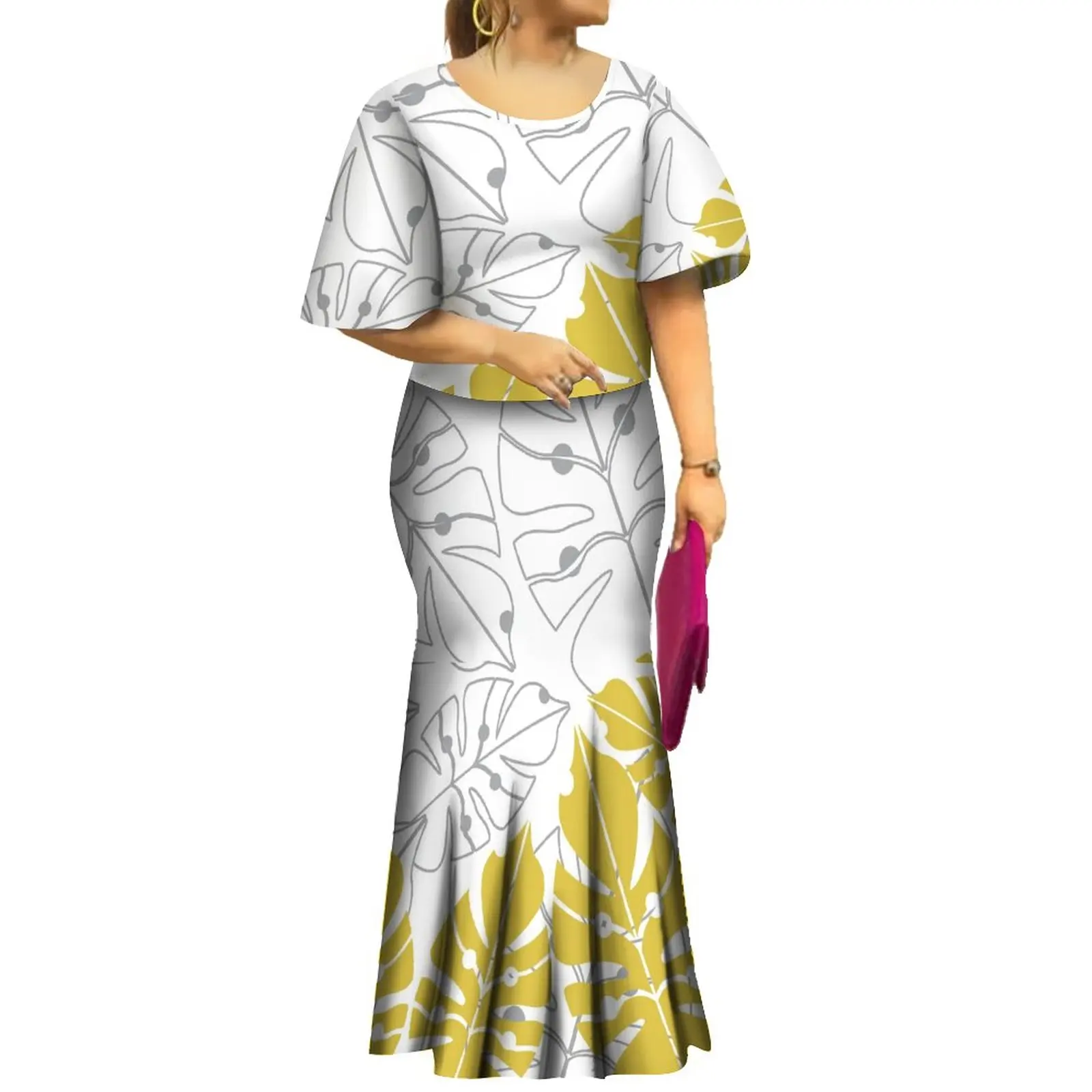 

White Big People New Samoan Puletasi Set Floral Print Bat Sleeve Ptaha Polynesian Top Maxi Fishtail Skirt Womens 2 Piece Set