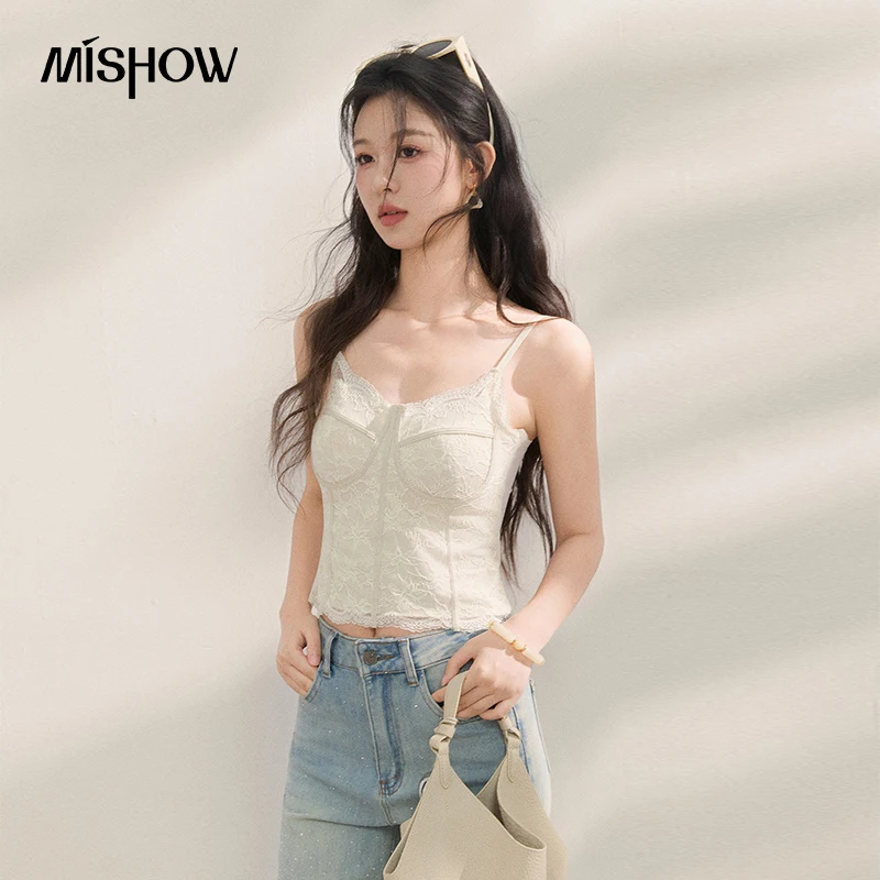 MISHOW Women Bustier Lace Tank Top Spaghetti Straps with Corset Boning Fitted Off White Casual 2026 Summer New Cami MXF21D2374 MISHOW Women Bustier Lace Tank Top Spaghetti Straps with Corset Boning Fitted Off White Casual 2026 Summer New Cami MXF21D2374