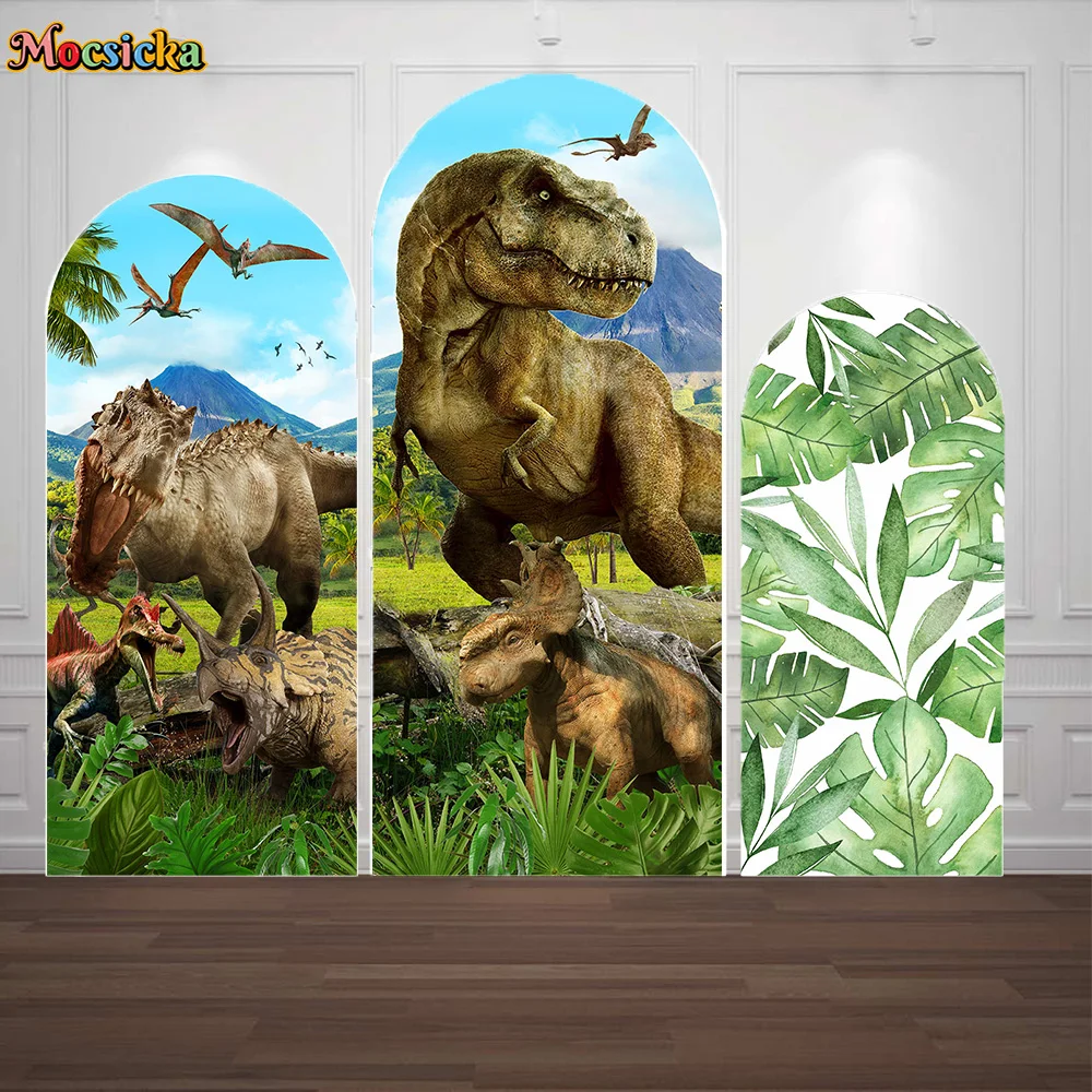 Jurassic Dinosaur Birthday Theme Party Background for Boys Kid Double-sided Arch Backdrop Tropical Green Forest Decor Photobooth