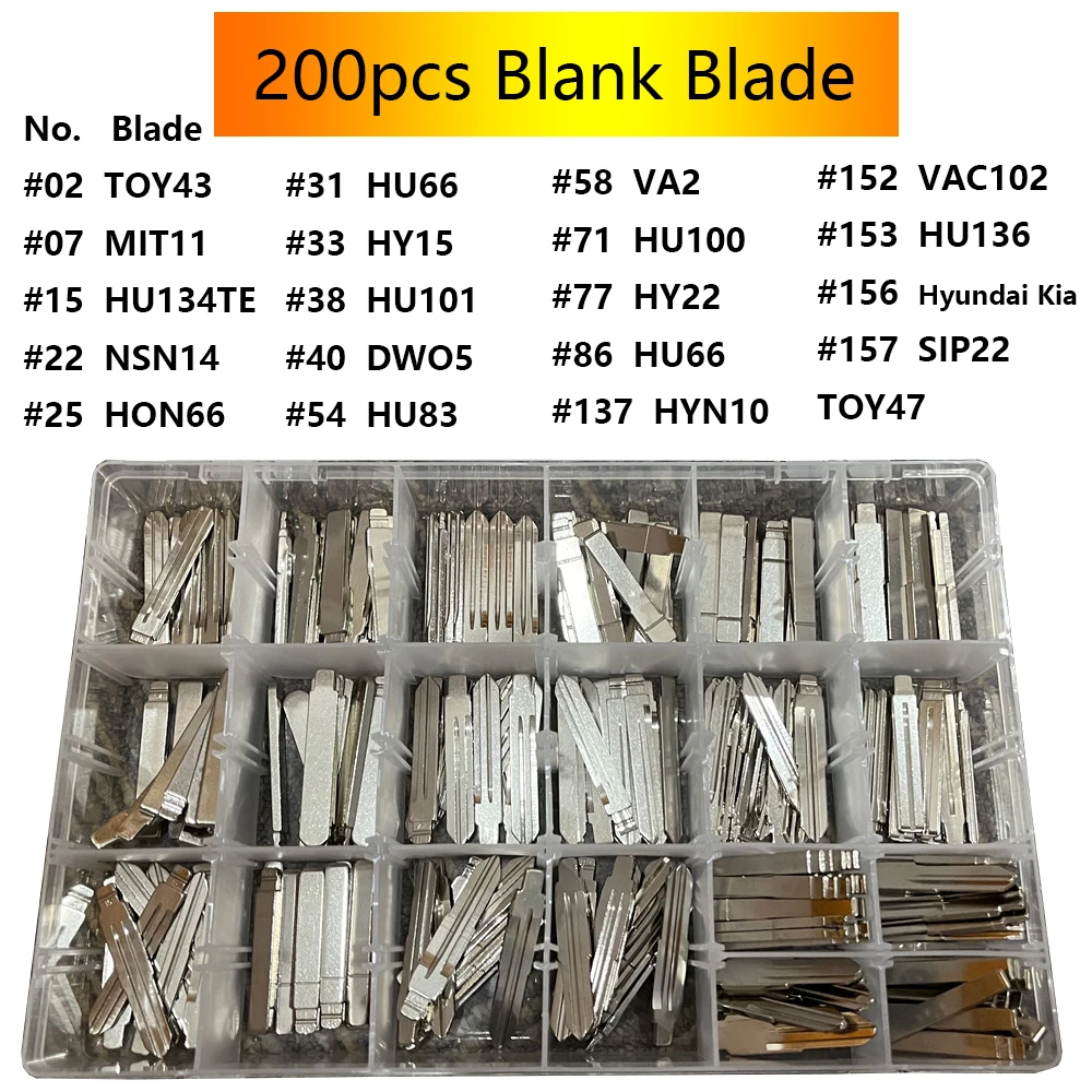 200pcs/Lot Uncut Car Key Blank Blade KD VVDI Xhorse Remote Key Blade for KD900/KD-X2 with 200pcs 1.6mm Pins Car Sticker Logos