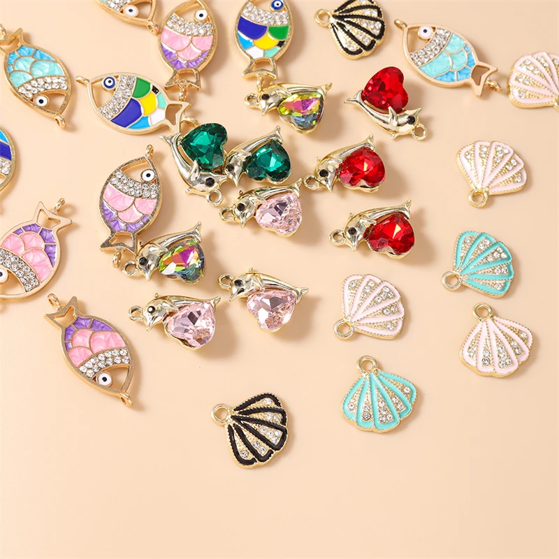 10pcs 귀여운 해양 생물 참 크리스탈 합금 물고기 쉘 참 펜던트 목걸이 귀걸이 만들기 DIY 공예 쥬얼리 액세서리