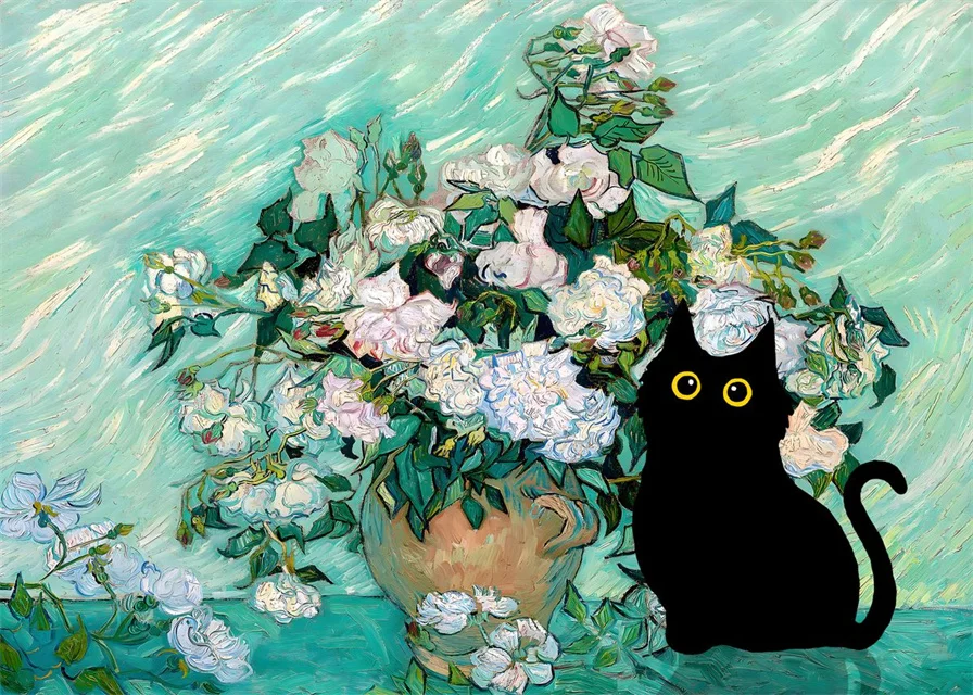 Van Gogh & Monet Inspired Cat Canvas: Starry Night and Sunflowers Wall Art