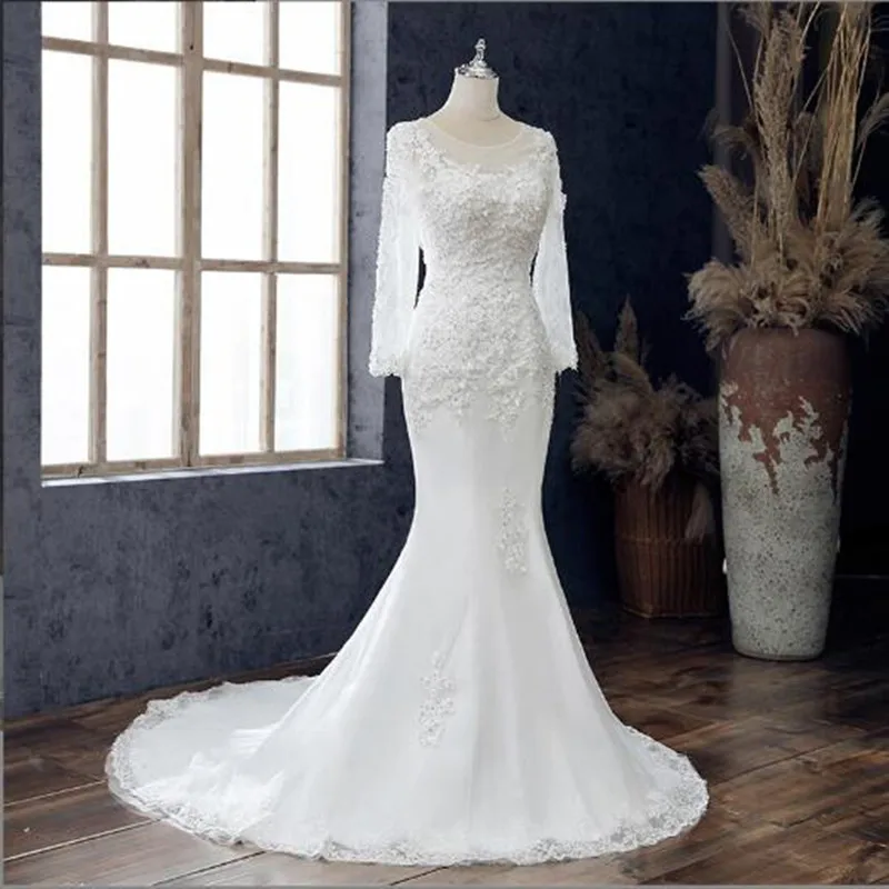 

Luxury Long Sleeve Wedding Dresses Lace Appliques Sequines Bride Gown Robe De Mariée Mermaid Court Train Vestidos De Novia
