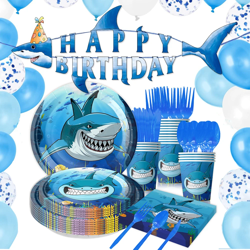 Party Supplies Birthday Party Supplies Shark Party Supplies Blue Ocean Shark Theme Birthday Party Decorations For Kids Cup Plate Napkin Tablecloth Balloon Serves 10