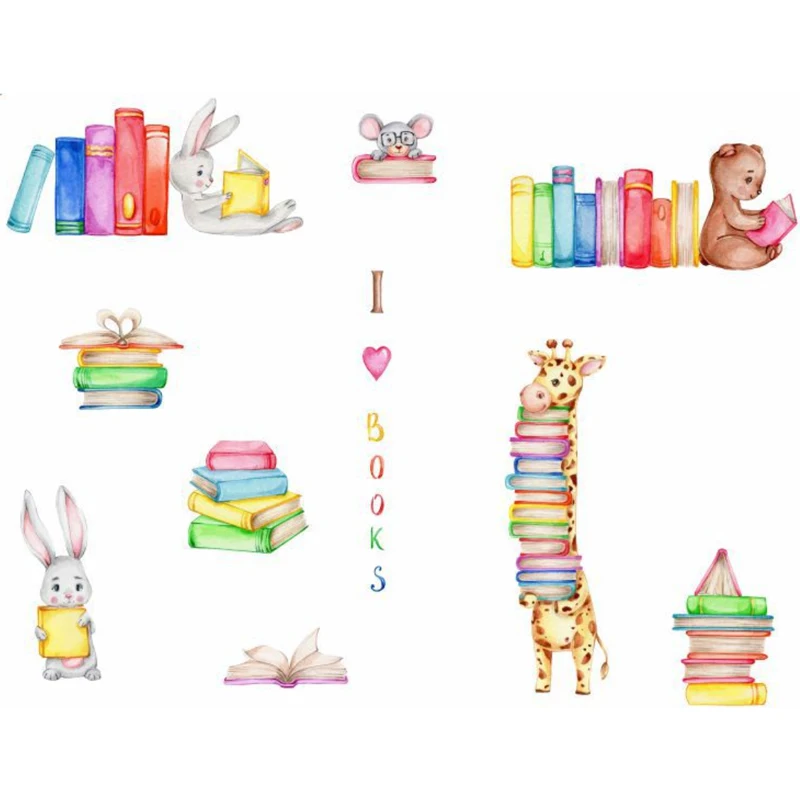 Cartoon Animal Wall Decal Children's Imagination Giraffe Bear Rabbit Baby's Favorite Reading Decoration