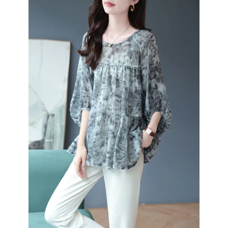 New Women's 2024 Printed Round Neck Patchwork Half Lantern Sleeves Fashion Elegant Loose Casual Commuter Versatile Chiffon Tops