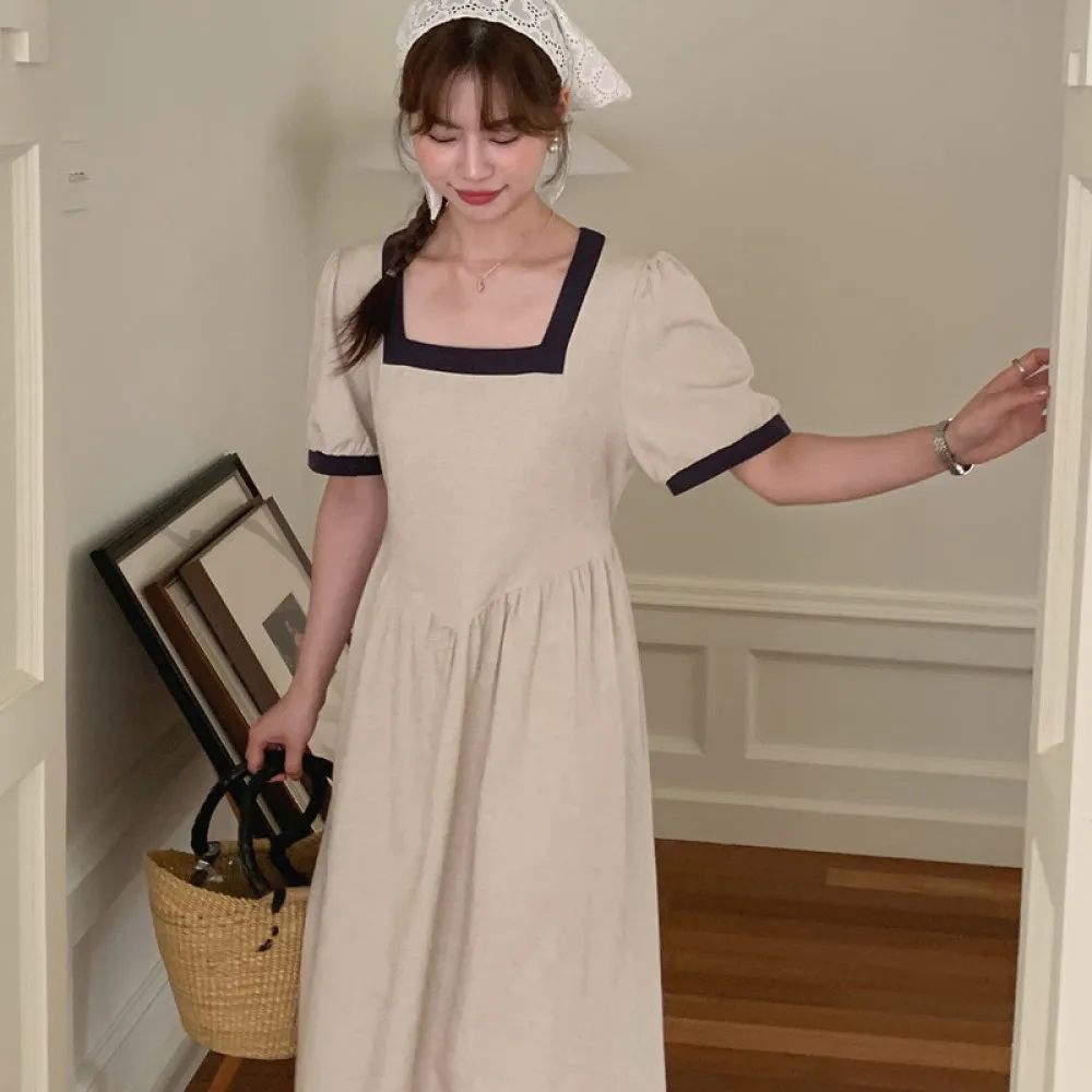 

Женское льняное платье-макси с поясом, свободное винтажное длинное платье в стиле пэчворк с квадратным вырезом и коротким рукавом, лето 2024