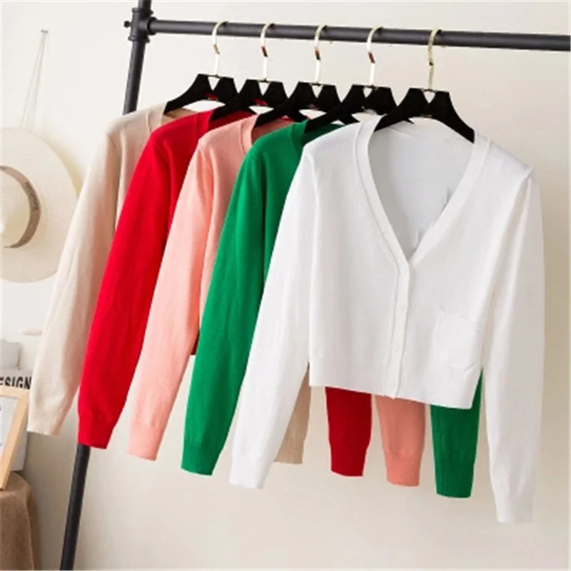 

Ladies Short Cardigan V Neck Long Sleeve Cotton Cropped Cardigan Sweaters Thin Coat feminino Spring Knitwear for Women