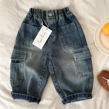 Children Clothes Kids Casual Denim Pants 2025 Spring New Boys and Girls Solid Color Pocket Jeans Baby Cargo Straight Pants 1