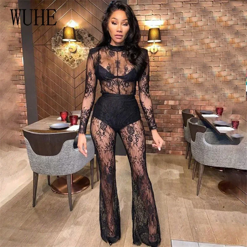 

KEXU Black Floral Lace Jumpsuit See Through Flare Patchwork Sexy Long Sleeve O Neck Package Hip Skinny Night Club Party Outfit