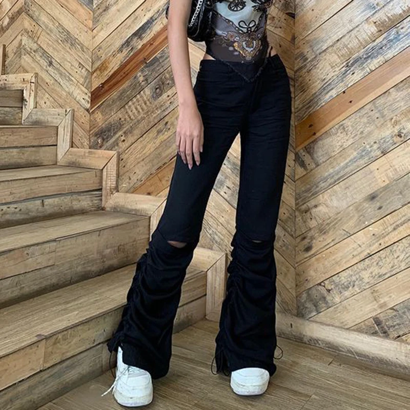 Black Hollow Out Pants Y2K Ruched Drawstring Trouser High Waist Cargo Pants Bandage Patchwork Pants Casual Women Streetwear 2023