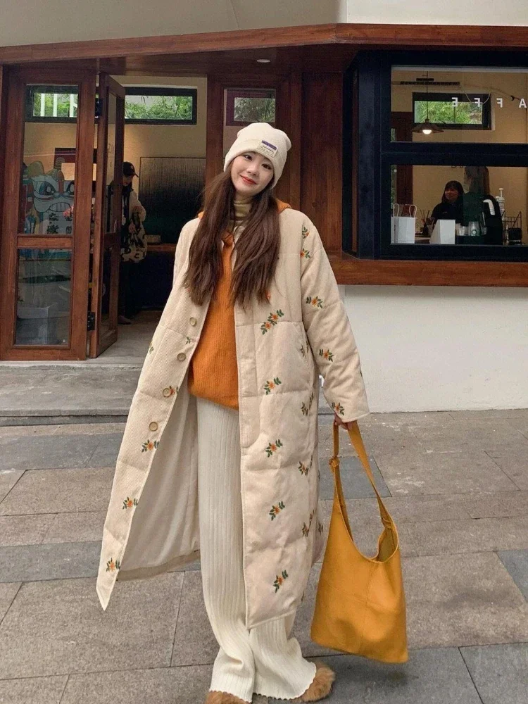 

Autumn Winter Apricot Long Floral Quilted Coat Women Warm Parkas Korean Gentle Style Cotton Jacket Office Lady Chic Outwear Top