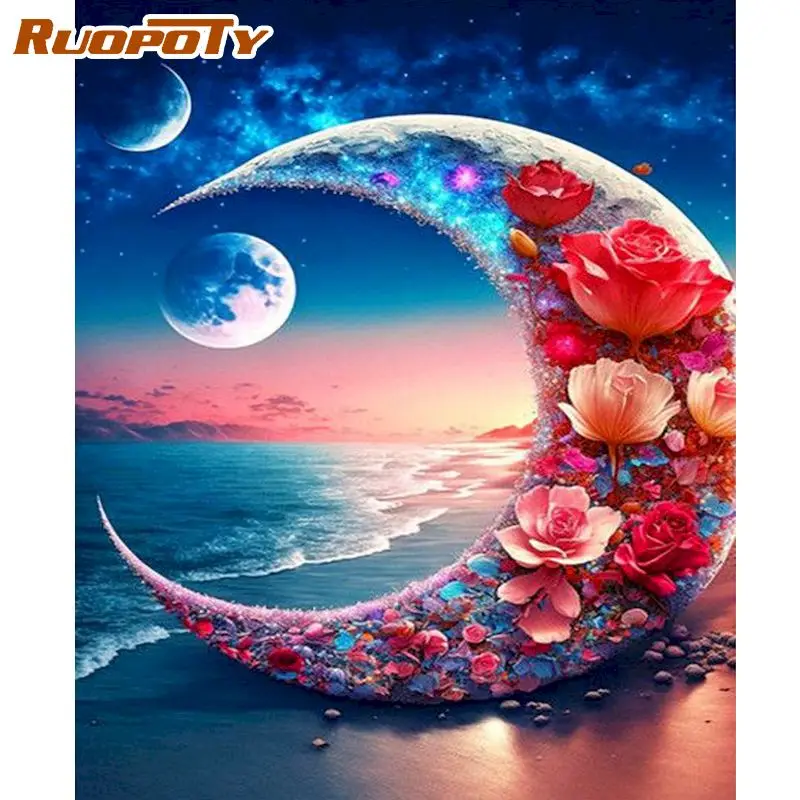 

RUOPOTY Paint By Numbers For Adults Beginner Easy Acrylic On Canvas For Home Decoration Romantic Beach Moon Picture 40x50cm