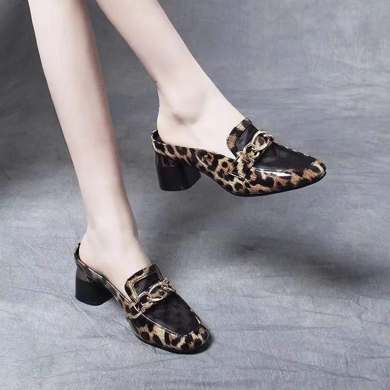 Slingback Leopard Print Chain Women Shoes Mules Lace Mesh Sexy Pumps Slippers Autumn Designer Dress Slides Zapatillas De Mujer