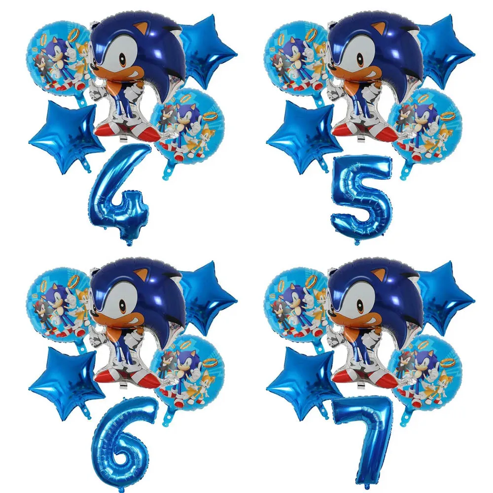 6pcs Sonic Theme Party Supplies Set Foil Globlos Star Balloons Kids Hedgehog Birthday Decorations Number Ballloons Decor Gifts