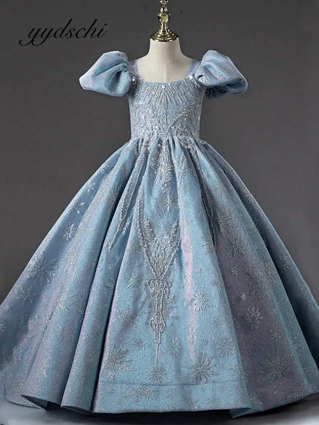 

Sky Blue Ball Gown Flower Girl Embroidered Snowflakes Princess Tutu Dresses Kids Birthday Party First Communion Dress Chapel