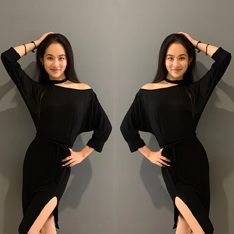 

Latin Dance Dress Women Adult Black Loose Practice Clothes Bat Sleeves Slit Dress Tango Costume Rumba Dance Clothing DNV18807