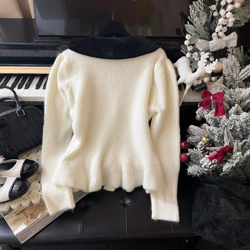 Fransk high-end dukkekrave cardigan sweater til kvinder i efterår vinter, vinter ny stil sød og blid_voghion.com