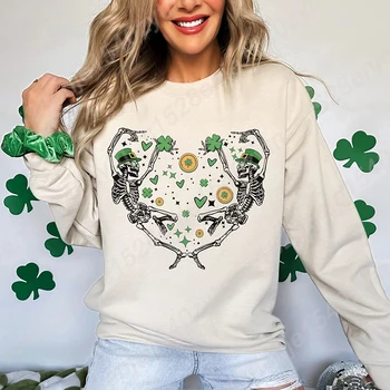 St Patrick's Day Skeleton Print Sweatshirts Spring Autumn Winter Long Sleeve Crew Neck Casual Pullover Women Hoodless Sweatshirt