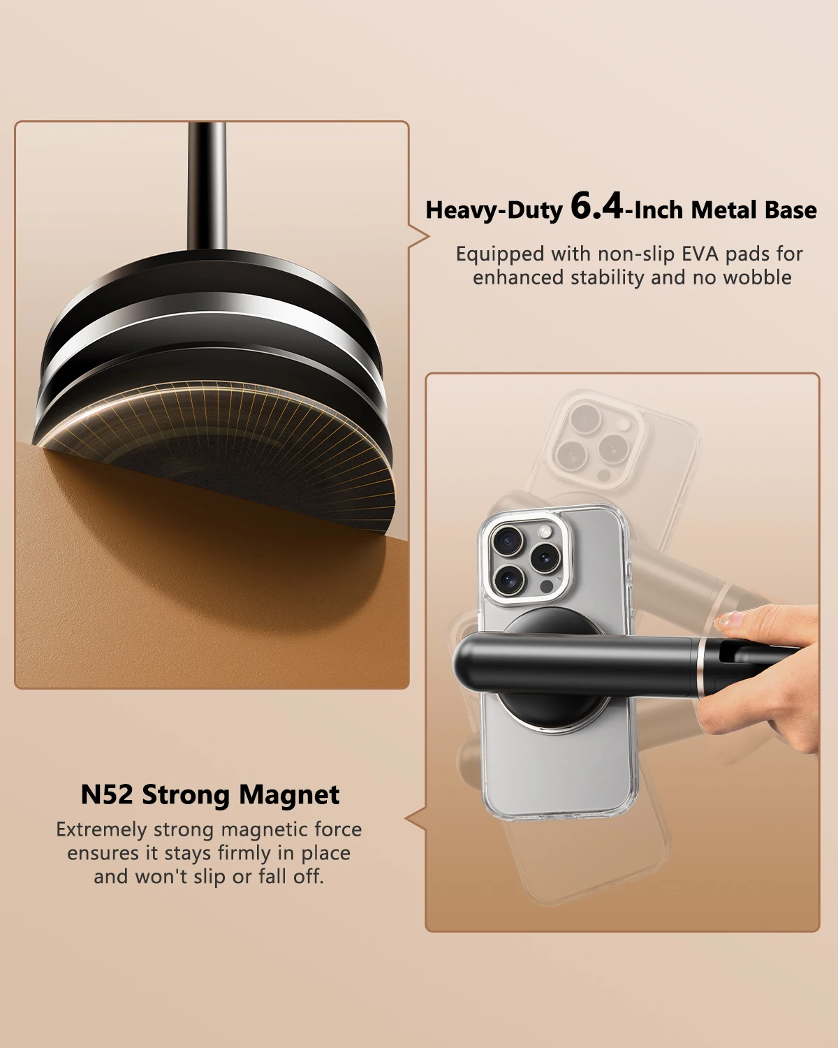 Eary Height Adjustable Magnetic iPhone Stand for Desk & Overhead Phone Holder for Video Recording 360°Rotate for iPhone 17 16 15