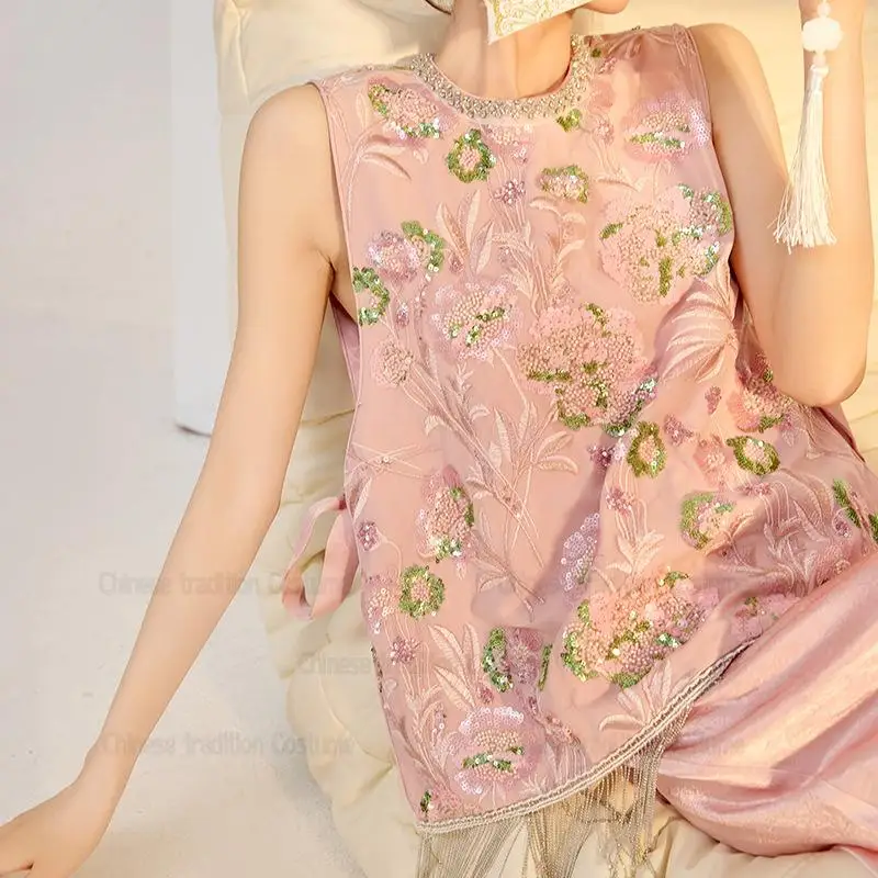 New Chinese Style Tang Clothes Sleeveless Hanfu Qipao Top Women Luxury with Rhinestones Tang Clothes Bandage Costum Coat