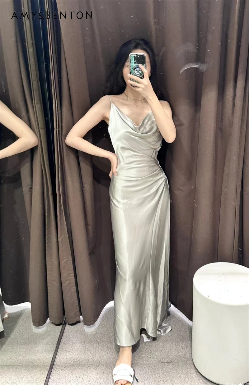 

Women's New 2023 Summer Temperament Sling Long Dress Elegant Fashion Draping Silk Satin Texture Draped Collar Midi Dress