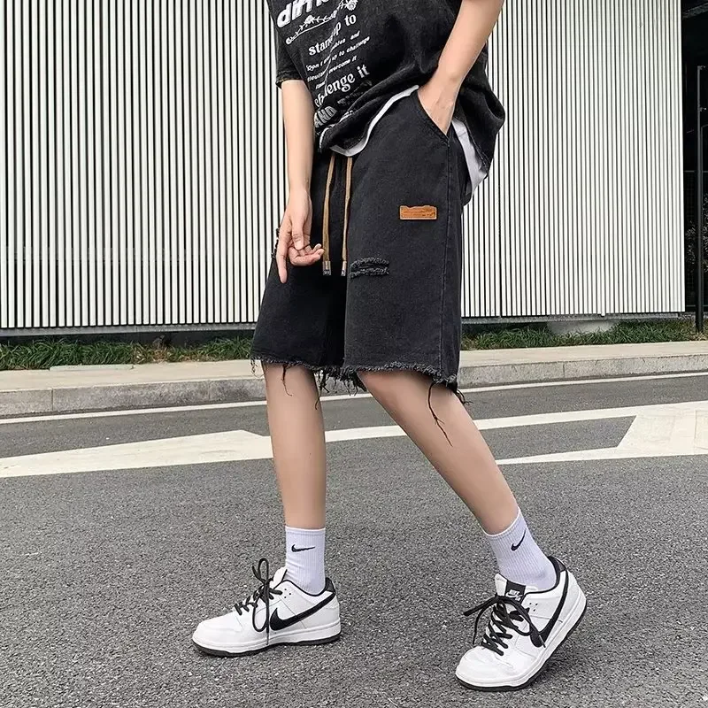 Men's Summer Thin Casual Denim Shorts Vintage Five-Point Pants Loose Fit Trendy Brand Hole Punching Short Length Casual Trousers