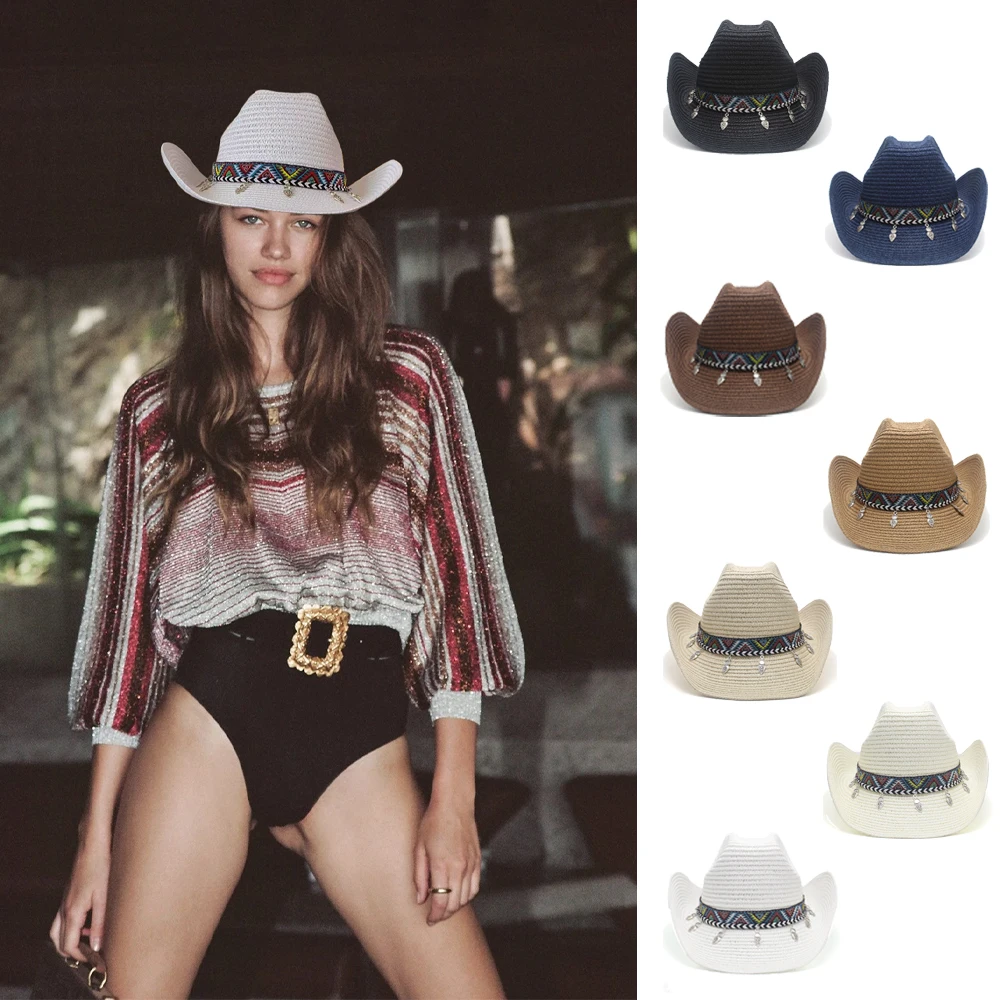 

Men Women Soft Straw Western Cowboy Hats Wide Brim Sunhat Party Travel Outdoor Caps Classical Retro Sombrero UK Size L US 7 1/4