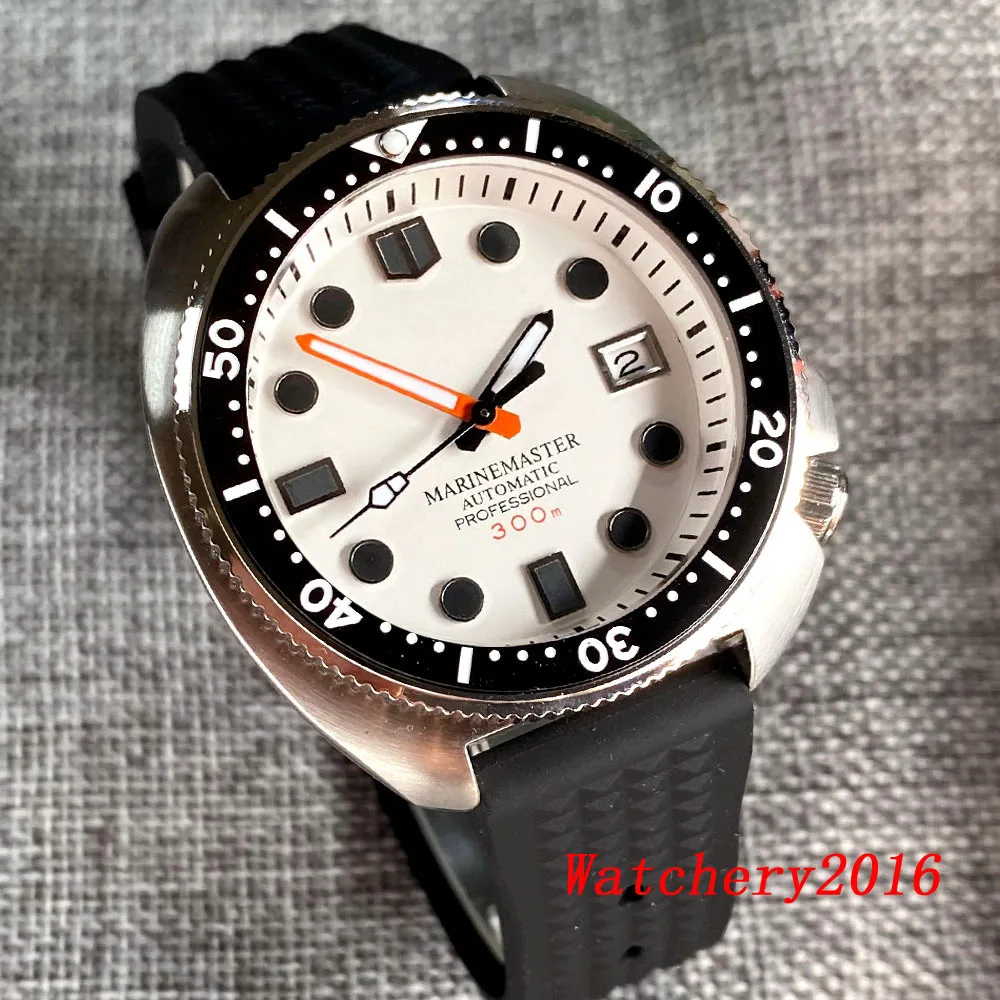 44mm Tandorio 20ATM Waterproof Swim Dress Watch For Men White Dial Japan NH35A Automatic Mechanical Ceramic Bezel Black Rubber