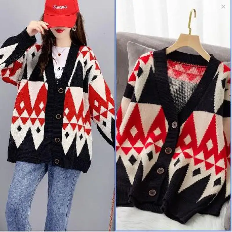 

Корейский вязаный кардиган, Женская осенне-зимняя утепленная свободная контрастная Верхняя одежда со стразами