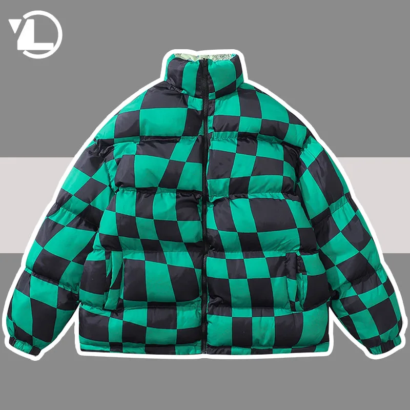 Hip Hop Oversize Parkas Men Double Sided Harajuku Plaid Pattern