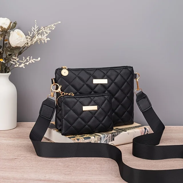 2-piece set solid color quilted embroidery shoulder bag for women, fashionable and simple small crossbody square bag