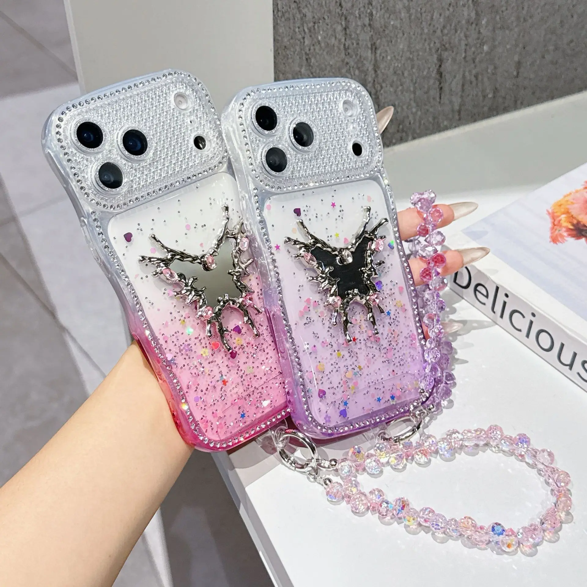 Butterfly Makeup Mirror Sparkling Diamond Case with Bracelet and Mirror Film