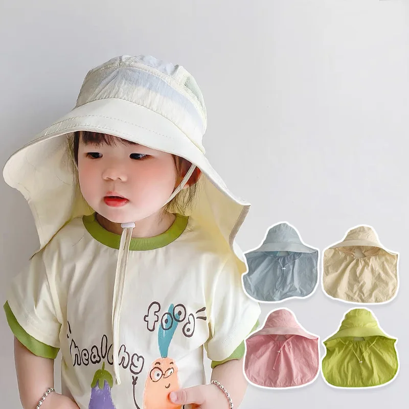 Quick-dry Kids Summer Hat with Shawl Big Brim Baby Sun Hats Beach Travel Children Panama Cap for Girls Boys Accessories 2-6Y quick drying children s fisherman mesh hat summer big brim breathable thin shawl cap sunscreen toddler fisherman sun hat