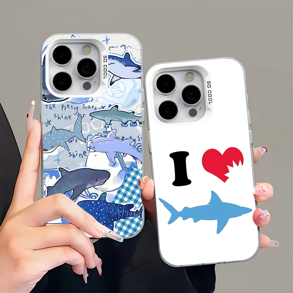 Adorable Blue Shark Matte Phone Case with Gray White Hard Bumper - Anti-Fall Design