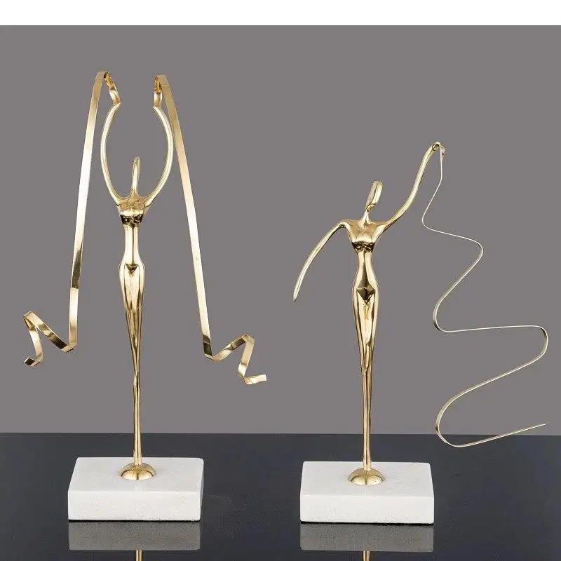 

Ribbon Gymnast Figures Statue Marble Base Ornaments Desk Decoration Golden Brass Ballet Dancer Abstract Character Sculpture