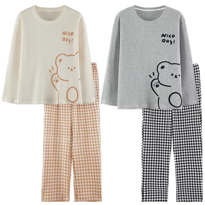 

Autumn Round Pajamas Long Lover Cotton Pure Set 2piece Print Suit Nightwear Pyjamas Sleeve Sweet Neck Bear Couple Men Winter