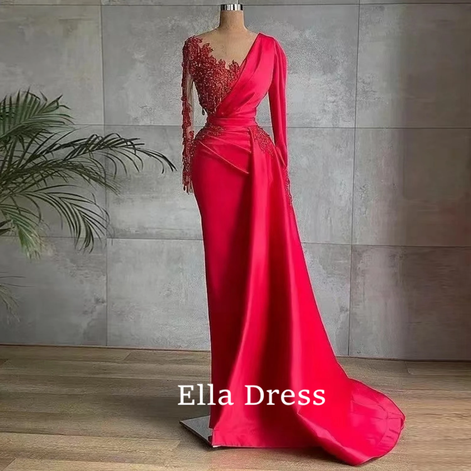 

Женское атласное вечернее платье Ella, красное платье с длинным рукавом и прозрачным вырезом, бальное платье в стиле знаменитостей, весна-лето 2024
