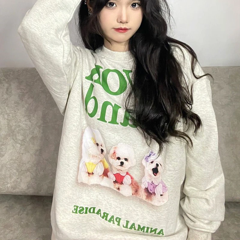

Vintage Gray Kawaii Dogs Y2K Print Sweatshirt O-neck Loose Casual Pullover Korean Style Streetwear Women Girls Aesthetic Clothes