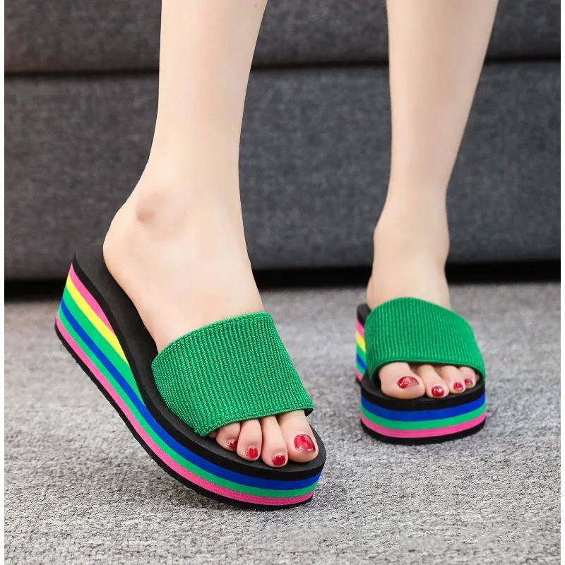 Rainbow Color Beach Flip Flops for Women Ladies Platform Shoes Soft EVA Light Weight Girls Home Slippers Street Wedges Sandals