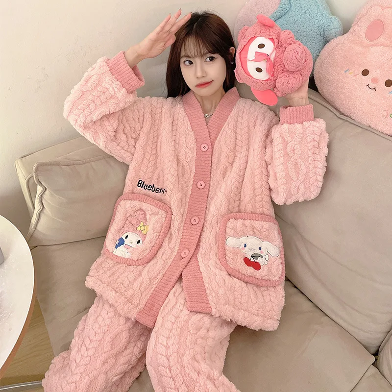 

Hello Kittys My Melody кавайная Пижама Sanrio аниме мультфильм Cinnamoroll понравило зимний коралловый флис сохраняющий тепло комплект домашней одежды Новинка