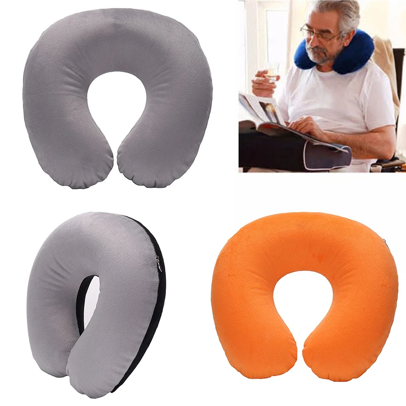 U shaped Travel Pillow Car Air Flight Office Inflatable Neck Pillow Short Plush Cover PVC Support Headrest Soft Nursing Cushion inflatable neck pillow