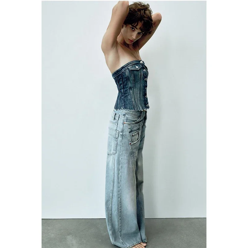 Women's Blue Jeans Vintage Belt Patchwork Wide Leg Pants Casual High Waist Baggy Self Cultivation Denim Trouser Ladies Winter