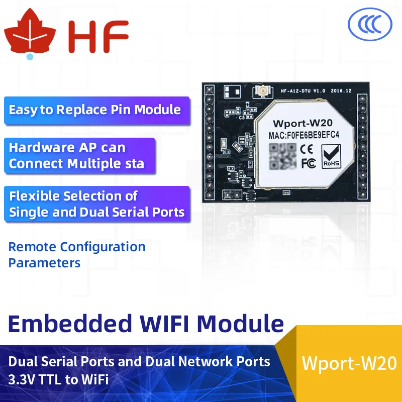 

High Flying HF Wport-W20 Dual Serial Ports and Dual Network Ports 3.3V TTL to WiFi Module Embedded WFfi Module