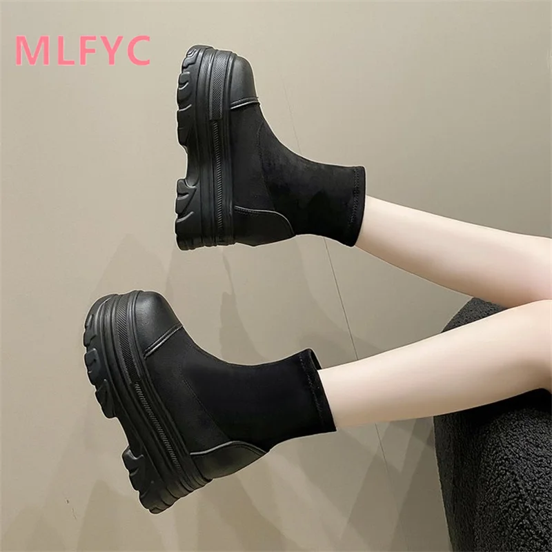 Heightened Women's Boots 2023 Winter New British Style Versatile Thick Sole Blast Street Short Boots Slope Heel Women's Boots