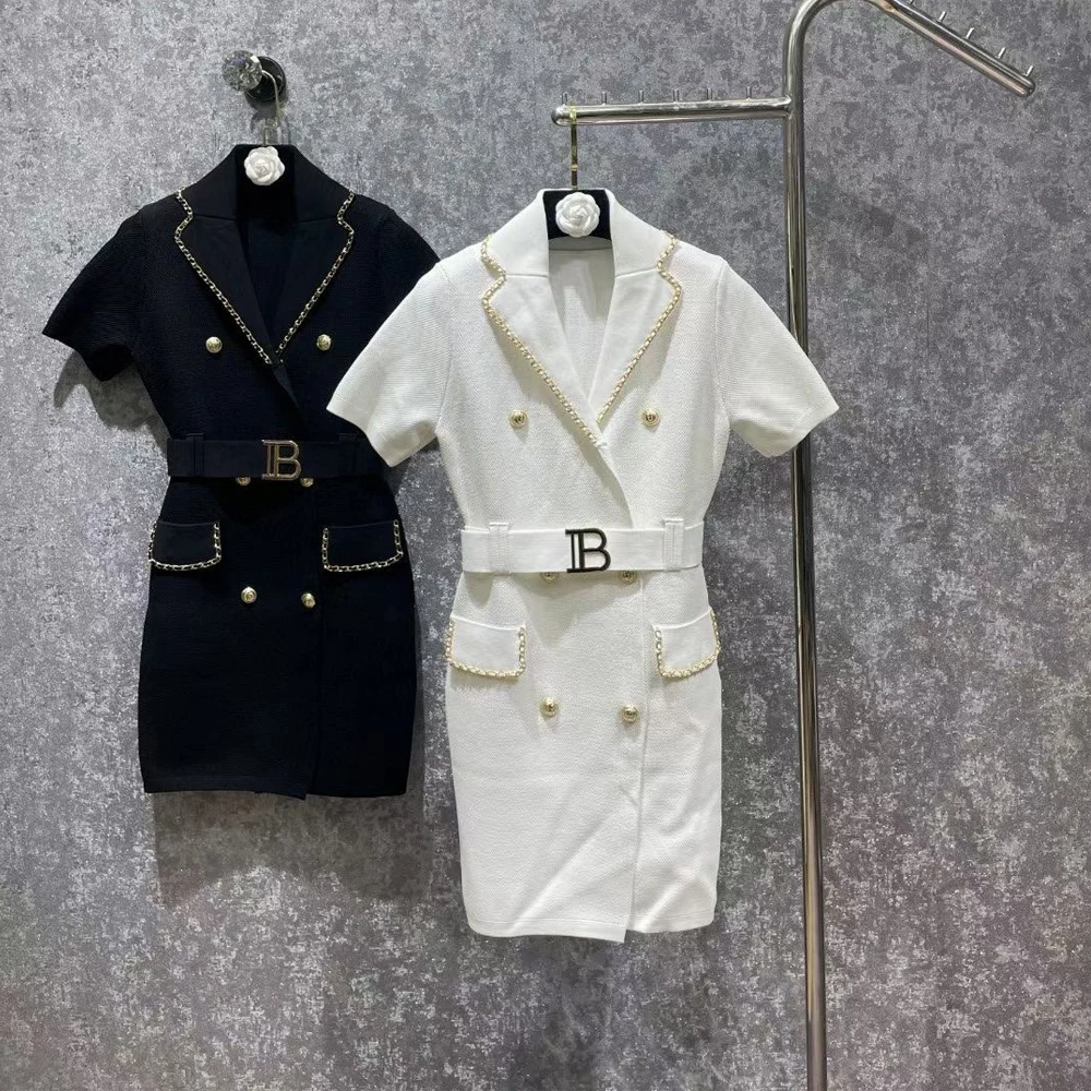 

High Quality Women Summer New Fashion Temperament Celebrity Double-Breasted Belt Suit Collar Short-Sleeved Knitted Dress