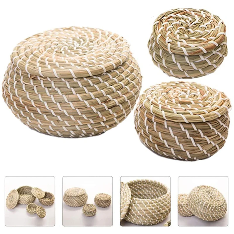 Handmade Seagrass Storage Basket with Lid Snack Organizer Box Rattan Storage Flower Baskets Home Kitchen Organizer