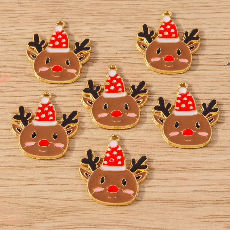 10 Stück 20x24mm Cartoon-Emaille-Weihnachtshirschkopf-Anhänger für Schmuckherstellung, Ohrringe, Halsketten, DIY-Bastelbedarf