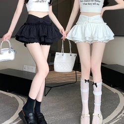 Sweet White Puffy Mini Skirt Women Summer Y2k Kawaii Elastic High Waist Bow Skirts Girl  Korean Style Black Safety Short Faldas