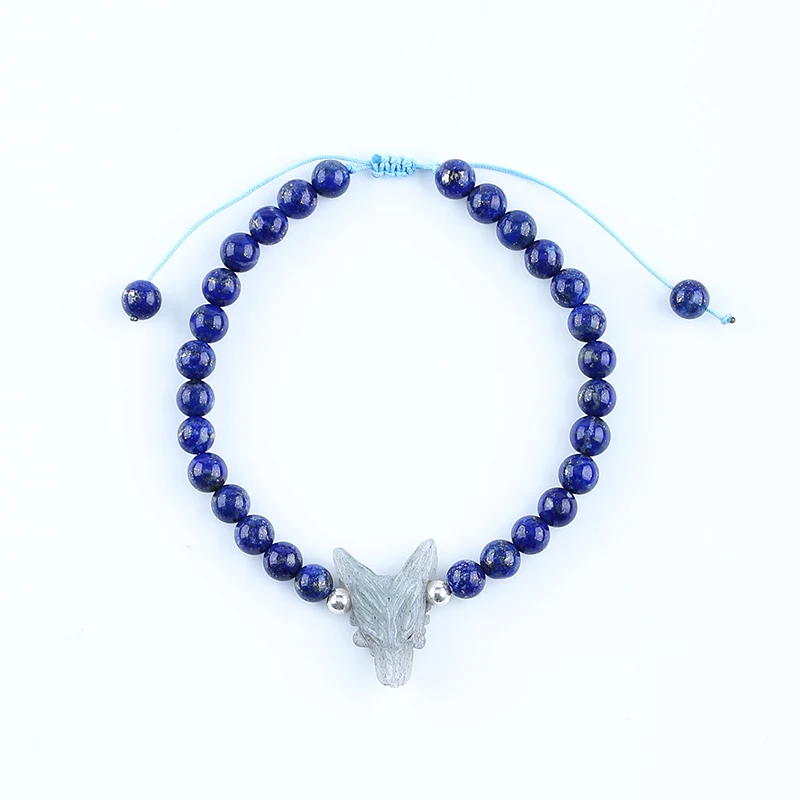 Fashion Jewelry Natural Stone Labradorite Carved Wolf Lapis Lazuli Bracelet Beads,6mm 19cm 22x16x8mm